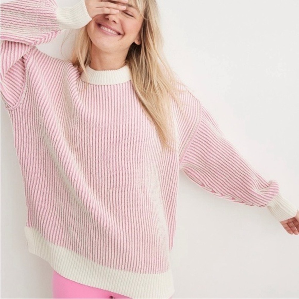 Aerie Beyond Chenille Pink Ribbed Knit Oversized Crewneck Sweater Medium M